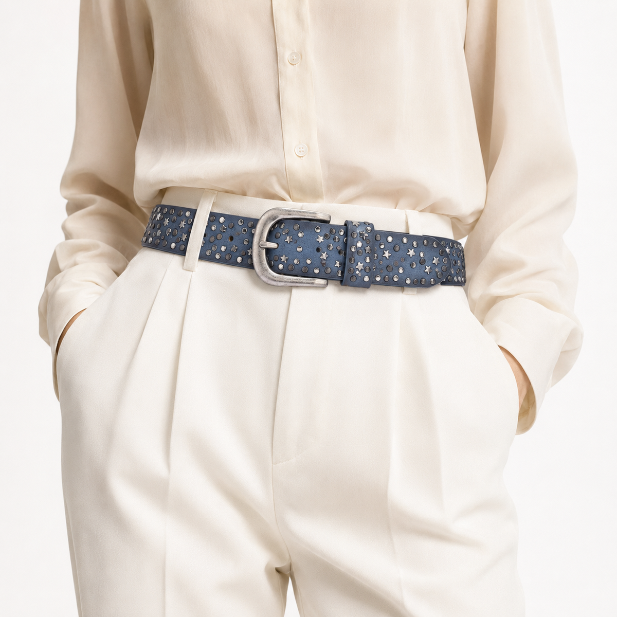 Ceinture en Cuir Femme avec Détails Métalliques Ornée d'étoiles