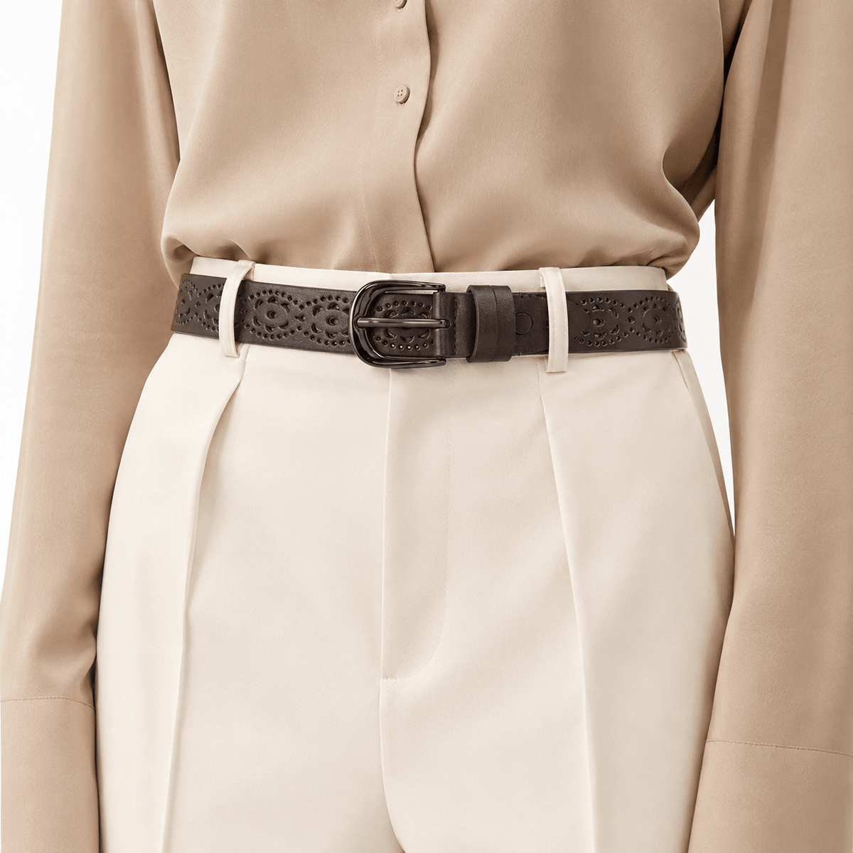 Ceinture Prestige Ceinture Cuir Femme Ajouré avec Motif Floral | Modèle Camille