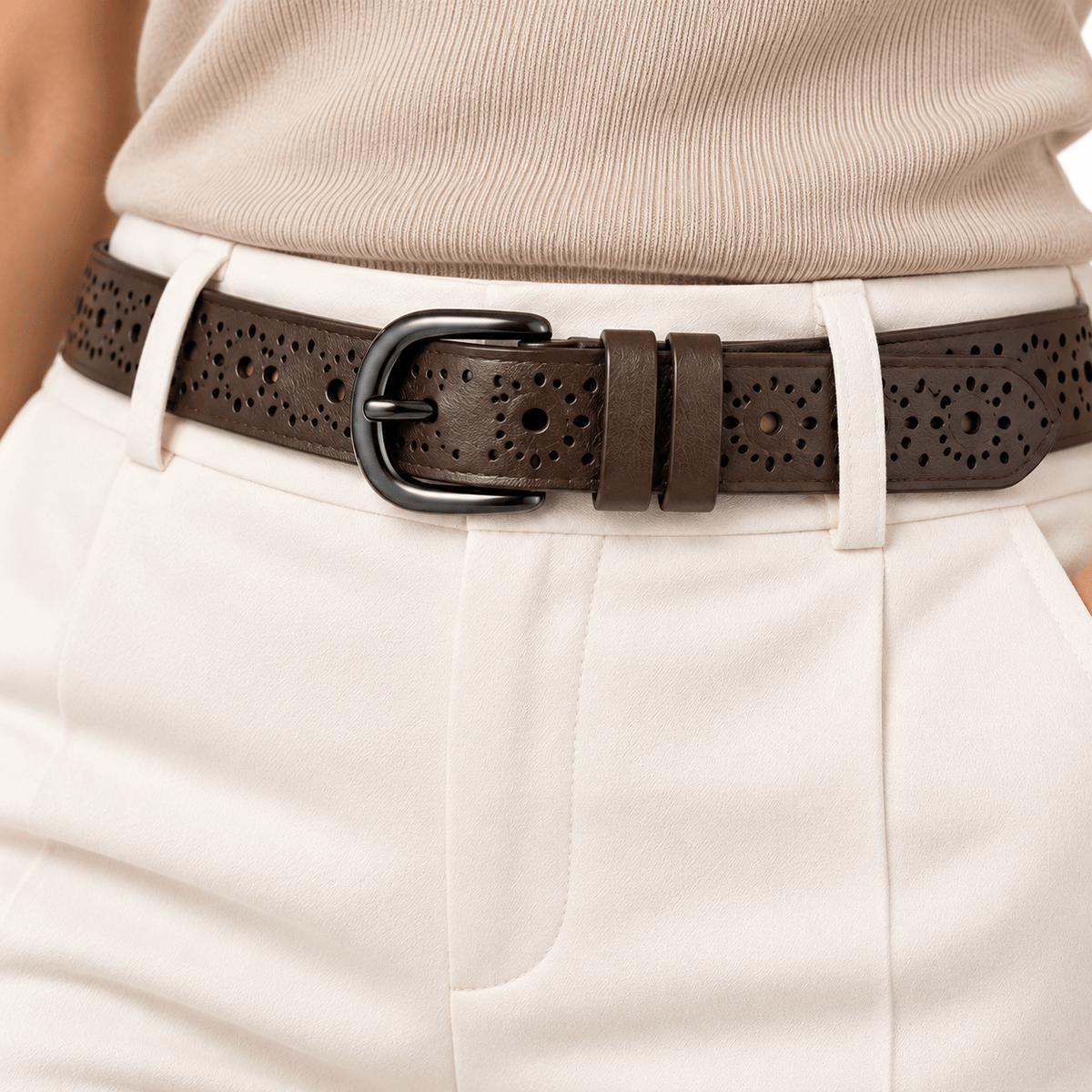 Ceinture Prestige Ceinture Cuir Femme Ajouré avec Motif Floral | Modèle Camille