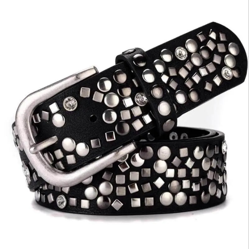 Ceinture Prestige Ceinture en Cuir pour Femme avec Rivets Géométriques Argentés | Modèle Ava