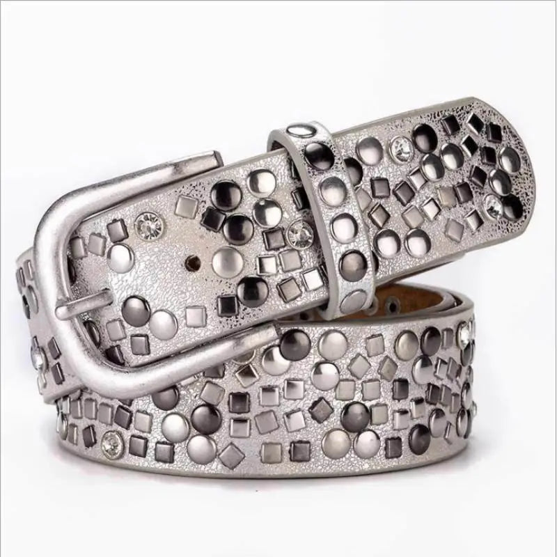 Ceinture Prestige Ceinture en Cuir pour Femme avec Rivets Géométriques Argentés | Modèle Ava