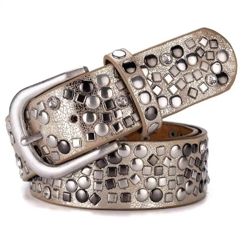 Ceinture Prestige Ceinture en Cuir pour Femme avec Rivets Géométriques Argentés | Modèle Ava
