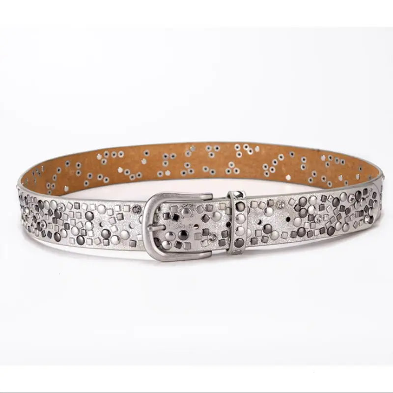 Ceinture Prestige Ceinture en Cuir pour Femme avec Rivets Géométriques Argentés | Modèle Ava
