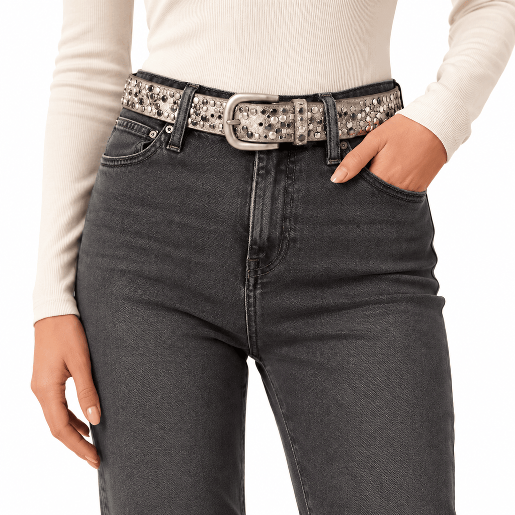 Ceinture Prestige Ceinture en Cuir pour Femme avec Rivets Géométriques Argentés | Modèle Ava
