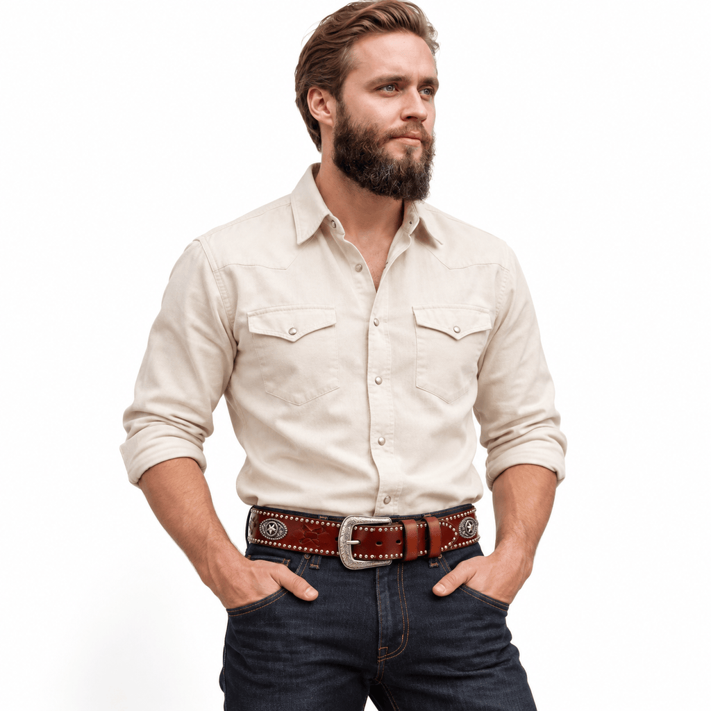 Ceinture Prestige Ceinture Western pour Homme avec Motifs Embossés et Cuir Clouté | Modèle Diego